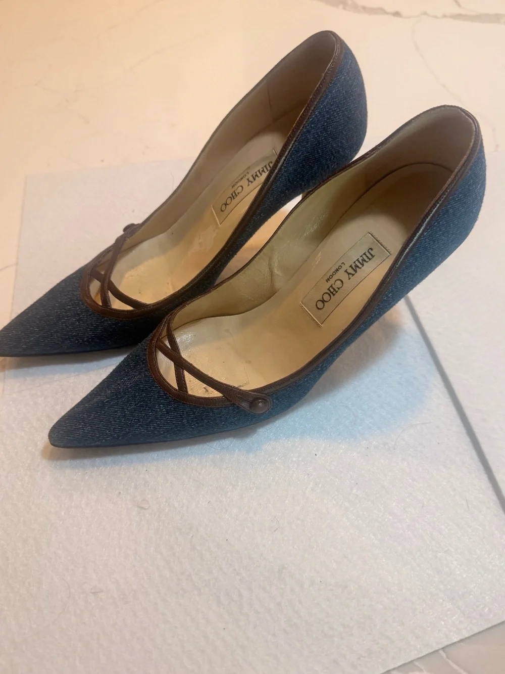 Jimmy Choo Denim Pointed-Toe Pumps with Brown Trim